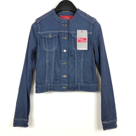 Rustic Denim Distressed Denim Jacket With Woven Leather Shoulder Size M Juniors - Picture 2 of 12